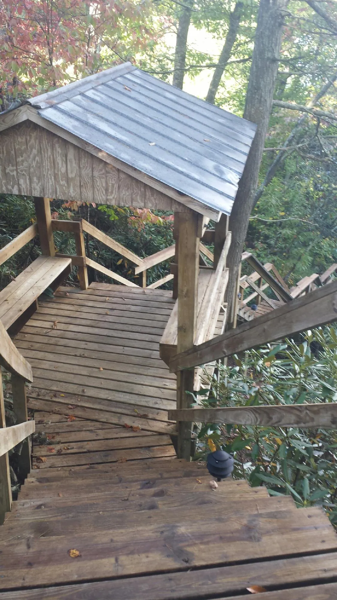Metal roofed shelter over wooden steps on a wooded walkway — Skylight Repair & Installation work by our crew in Deep Run